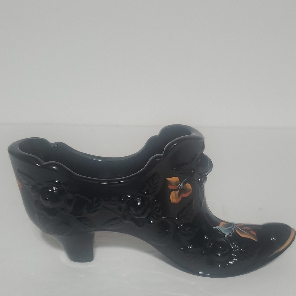Vtg Fenton Black Cabbage And Rose Shoe Handpainted And Signed By Artist